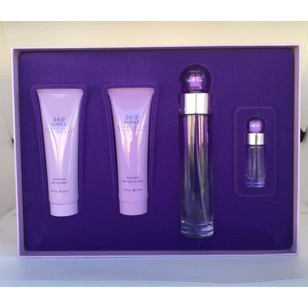 360 PURPLE BY PERRY ELLIS 4PCS. GIFT SET: 3.4 FL.OZ. EDP SPRAY 3OZ. BODY LOTION 3OZ. GEL AND .25OZ. EDP. SPRAY FOR WOMEN