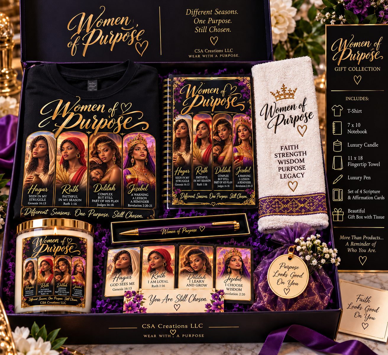 Approved Women of Purpose bundle box with T-shirt, notebook, candle, towel, luxury pen and scripture cards