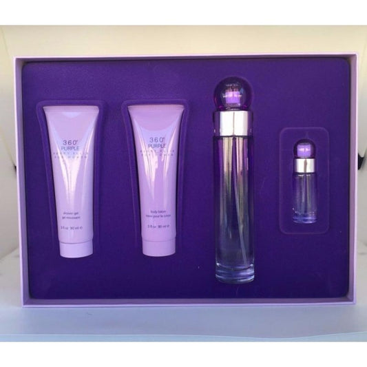 360 PURPLE BY PERRY ELLIS 4PCS. GIFT SET: 3.4 FL.OZ. EDP SPRAY 3OZ. BODY LOTION 3OZ. GEL AND .25OZ. EDP. SPRAY FOR WOMEN