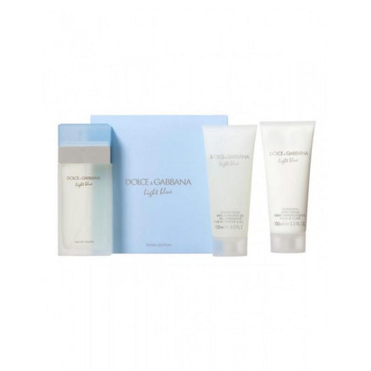 LIGHT BLUE 3 PCS. GIFT SET: 3.3 FL.OZ. EDT SPRAY 3.3 FL.OZ. BODY CREAM AND 3.3OZ. GEL FOR WOMEN