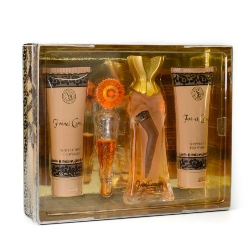 FRENCH CANCAN 4 PCS. GIFT SET: 3.3 FL.OZ. EDP SPRAY 4.3 FL.OZ. SHOWER GEL 4.3 FL.OZ. BODY LOTION AND .6 FL.OZ. EDP SPRAY FOR WOMEN.NEW BRAND