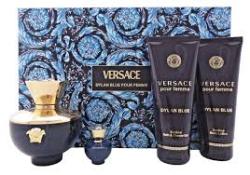 Dylan Blue Pour Femme BY VERSACE 4 PCS. GIFT SET: 3.4OZ. EDP 3.4OZ. BODY LOTION 3.4OZ. GEL AND 0.17OZ. EDP FOR WOMEN