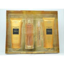 silence 4 PCS. GIFT SET: 3.3 FL.OZ. EDP SPRAY 4.3 FL.OZ. SHOWER GEL 4.3 FL.OZ. BODY LOTION AND .6 FL.OZ. EDP SPRAY FOR WOMEN