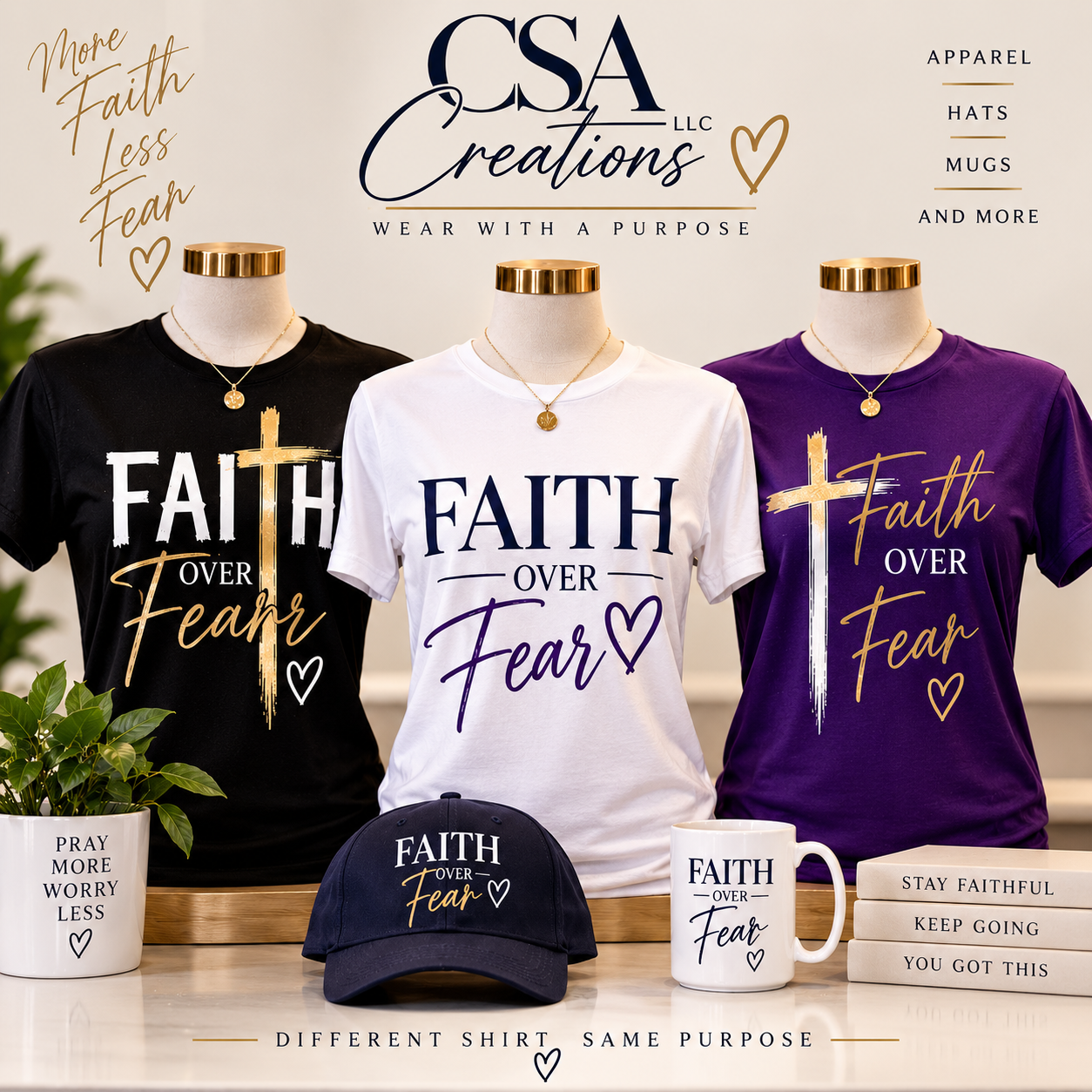 Original approved Faith Over Fear collection poster showing black, white and purple shirts, one low-profile cap and one mug; plant and decorative books are props