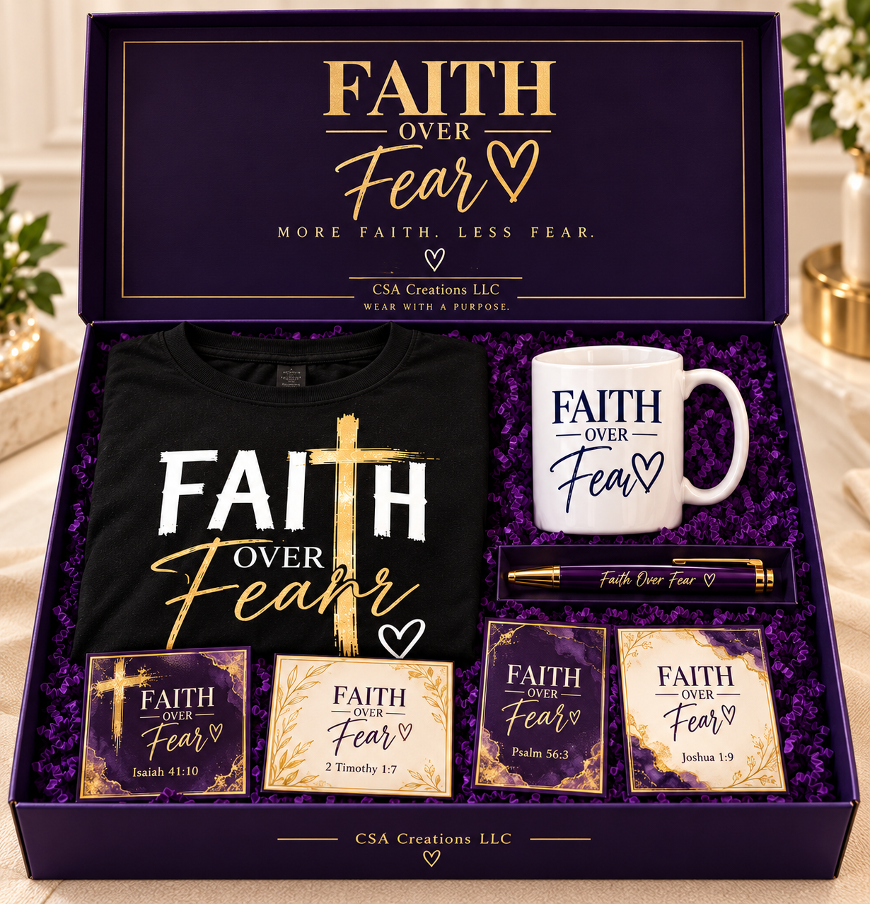 Faith Over Fear bundle box with black T-shirt, 15 oz mug, pen and four scripture cards