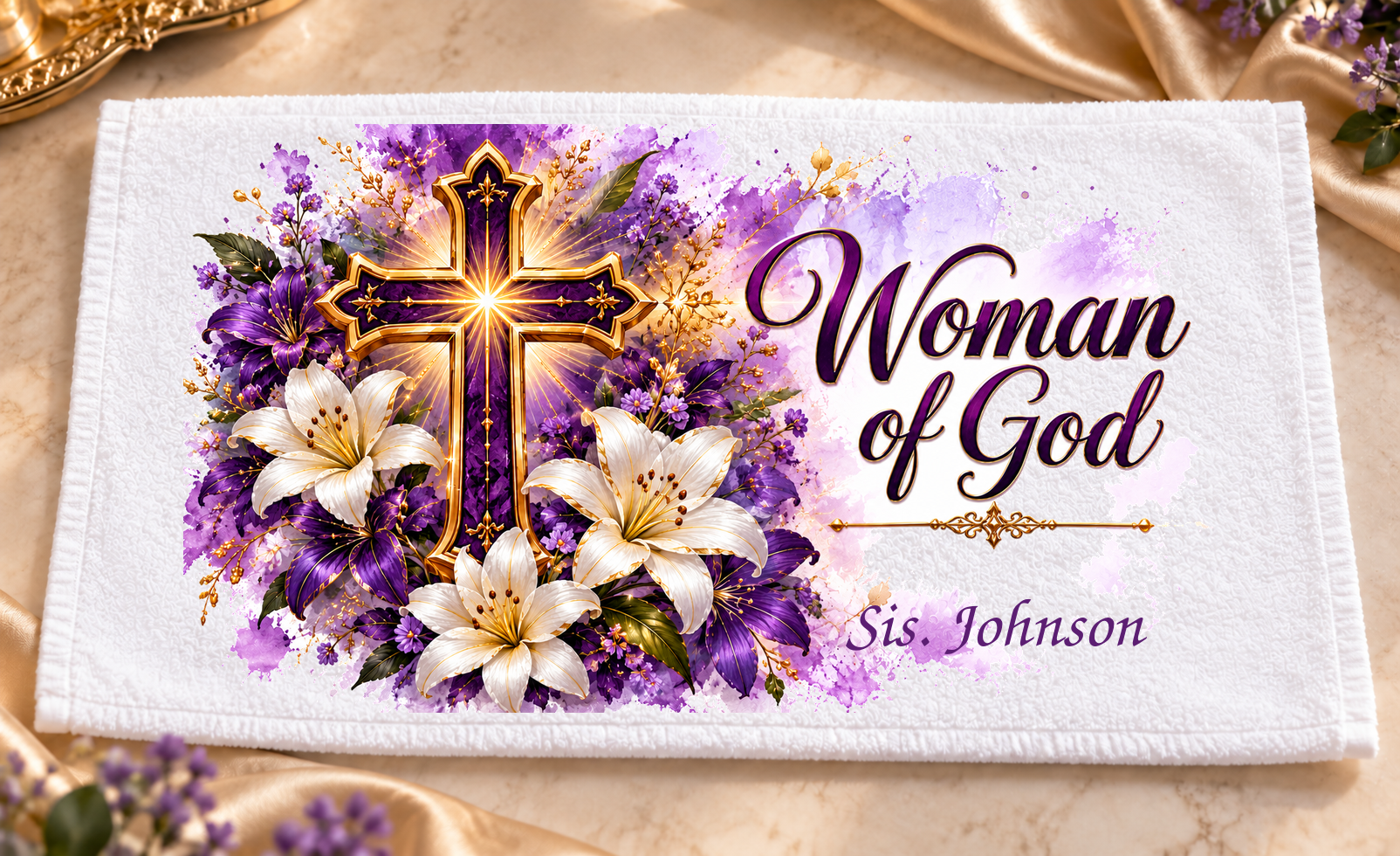 Luxury mockup of Woman of God on a white decorative fingertip towel, with example name Sis. Johnson beneath the wording on the right